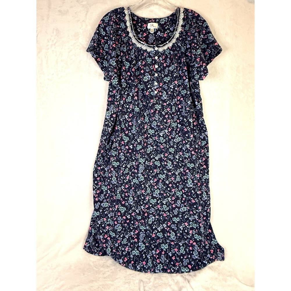 Aria Collection floral cottagecore nightgown dress XL navy cotton pockets lace